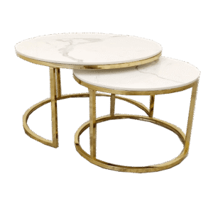 Cato Nest of 2 Short Round Coffee Gold Tables with Polar White Sintered Stone Tops grey nest of tables | Nest Of Table | Home Store UK
