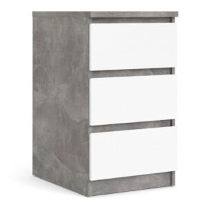 Naia Bedside 3 Drawers in Concrete and White High Gloss Bedside Cabinet Home Store UK