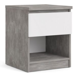 Naia Bedside 1 Drawer 1 Shelf in Concrete and White High Gloss Bedside Cabinet Home Store UK