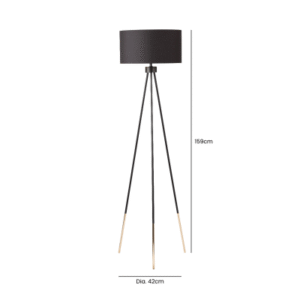 HSUK- Black and Gold Tripod Floor Lamp with Black Linen Shade Gold Inside - Tripod Lamps - Home Store UK