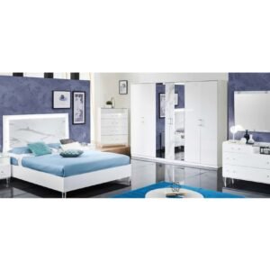 Ben Company Cristal White Marble Finish Italian Bedroom Set with 6 Door Wardrobe