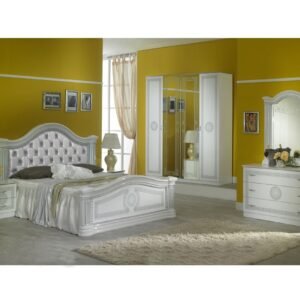 Ben Company New Serena Padded White and Silver Italian Bed Group Set with 4 Door Wardrobe Italian Bedroom Set Home Store UK