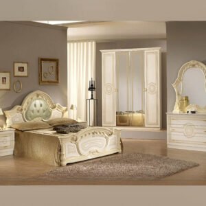 Ben Company Sara Padded Beige Finish Italian Bed Group Set with 6 Door Wardrobe Italian Bedroom Set Home Store UK
