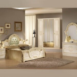 Ben Company Sara Padded Beige Finish Italian Bed Group Set with 4 Door Wardrobe Italian Bedroom Set Home Store UK