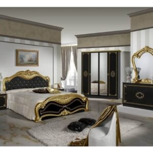 Dima Mobili Lucy Black and Gold Bedroom Set with 4 Door Wardrobe and Upholstered Bed Frame Italian Bedroom Set Home Store UK