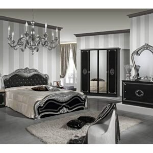Dima Mobili Lucy Black and Silver Bedroom Set with 4 Door Wardrobe and Upholstered Bed Frame Italian Bedroom Set Home Store UK