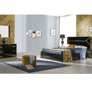Ben Company Elegance Black and Gold Finish Italian Bed Group Set with 6 Door Wardrobe