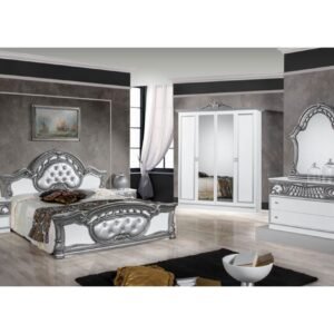 Dima Mobili Marwa White and Silver Bedroom Set with 6 Door Wardrobe Italian Bedroom Set Home Store UK
