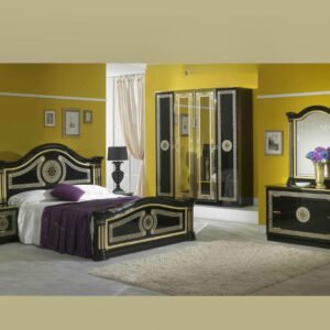 Ben Company New Serena Black and Gold Italian Bed Group Set with 4 Door Wardrobe Italian Bedroom Set Home Store Uk