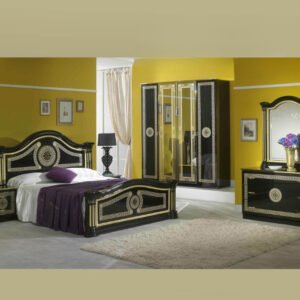 Ben Company New Serena Black and Gold Finish Italian Bed Group Set with 6 Door Wardrobe Italian Bedroom Set Home Store Uk