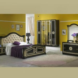 Ben Company New Serena Padded Black and Gold Italian Bed Group Set with 6 Door Wardrobe Italian Bedroom Set Home Store UK