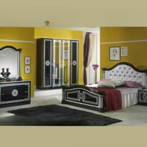 Ben Company New Serena Padded Black and Silver Italian Bed Group Set with 4 Door Wardrobe Italian Bedroom Set Home Store UK