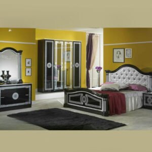 Ben Company New Serena Padded Black and Silver Italian Bed Group Set with 6 Door Wardrobe Italian Bedroom Set Home Store UK