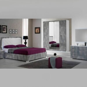 Ben Company Stella White and Grey Finish Italian Bed Group Set with 6 Door Wardrobe