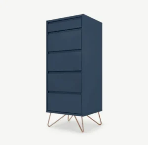 Royal Blue Wooden 5 Drawer Tallboy Chest of Drawer Home Store UK