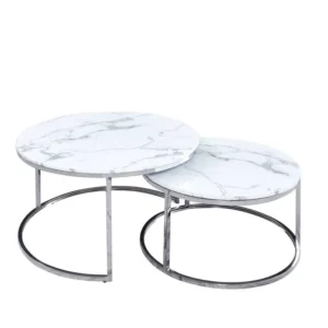 Lara White Marble Nest of Tables with Chrome Silver Legs Marble Dinning Sets Home Store UK