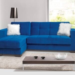 Merlin Royal Blue Plush Velvet Sofa Bed With White Fluffy Pillows