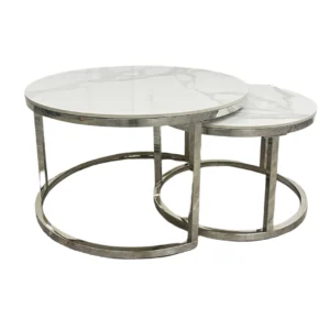 Cato Nest of 2 Short Round Coffee Silver Tables With Polar White Sintered Stone Tops Coffee Table Home Store UK
