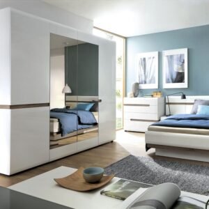 Bliss Bedroom 4 Door Wardrobe with Mirrors in White with a Truffle Oak Trim ﻿ Wardrobe Home Store UK