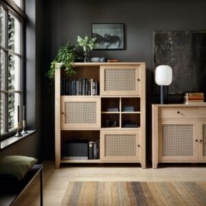 Avery 3 Sliding Door Cabinet in Jackson Hickory Oak and Rattan Effect - Display Cabinets - Home Store UK
