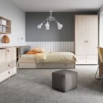 Colson Bed with 1 Drawer in Light Walnut, Grey Fabric Effect and Cashmere - Kids Bed - Home Store UK