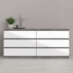 Sydney Wide Chest of 6 Drawers (3+3) in Concrete and White High Gloss Chest Of Drawer Home Store UK