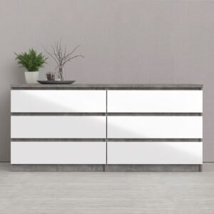 Sydney Wide Chest of 6 Drawers (3+3) in Concrete and White High Gloss Chest Of Drawer Home Store UK