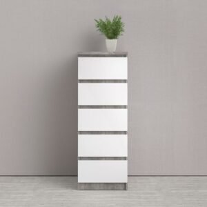 Sydney Narrow Chest of 5 Drawers in Concrete and White High Gloss Chest Of Drawer Home Store UK