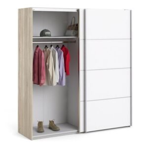 Ross Sliding Wardrobe 180cm in Oak with White Doors with 2 Shelves