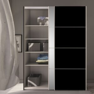 Ross Sliding Wardrobe 180cm in Black Matt with Black Matt and Mirror Doors with 5 Shelves