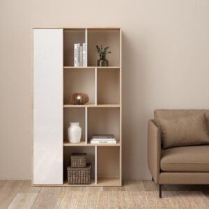 Summer Bookcase with 1 Door in Jackson Hickory and White High Gloss