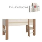 Perry for Kids Mid Sleeper in Whitewash Grey Brown Lacquered, Includes - Tree of Life Tent + Tunnel + 2 Pockets in Green + 1 Pocket in Red - Kids Room - Home Store UK