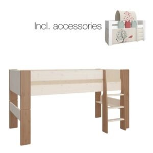 Perry for Kids Mid Sleeper in Whitewash Grey Brown Lacquered, Includes - Tree of Life Tent + Tunnel + 2 Pockets in Green + 1 Pocket in Red - Kids Room - Home Store UK