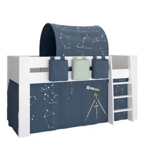 Perry for Kids Mid Sleeper in Whitewash Grey Brown Lacquered, Includes - Universe Tent + Tunnel + 2 Pockets in Blue + 1 Pocket in Green - Kids Room - Home Store UK