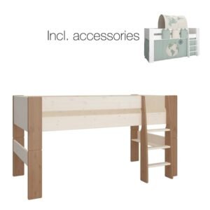 Perry for Kids Mid Sleeper in Whitewash Grey Brown Lacquered, Includes - World Tent + Tunnel + 2 Pockets in Green + 1 Pocket in Sand - Kids Room - Home Store UK