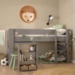 Perry for Kids Mid Sleeper in Folkstone Grey, Includes - World Tent + Tunnel + 2 Pockets in Green + 1 Pocket in Sand - Kids Room - Home Store UK
