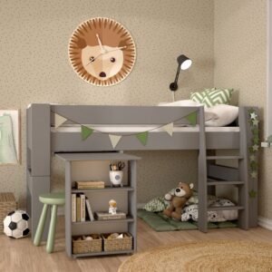 Perry for Kids Mid Sleeper in Folkstone Grey, Includes - World Tent + Tunnel + 2 Pockets in Green + 1 Pocket in Sand - Kids Room - Home Store UK