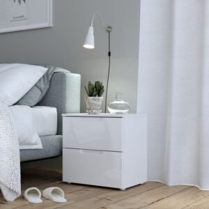 Stewart Bedside in White/White High Gloss Bedside Cabinet Home Store UK